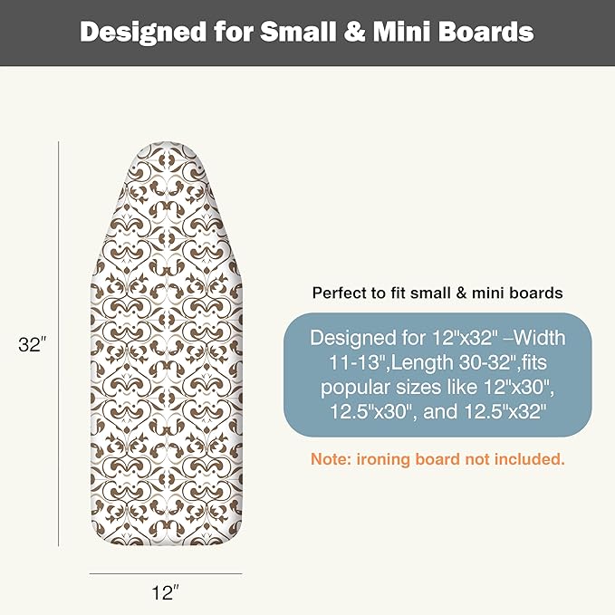 UniSimp Small Ironing Board Cover and Pad 12"x32" Small Iron Board Cover with Padding,Tabletop Mini Ironing Board Cover and Pad Small Size, Cotton Canvas, Heat Resistant, Drawstring Taupe