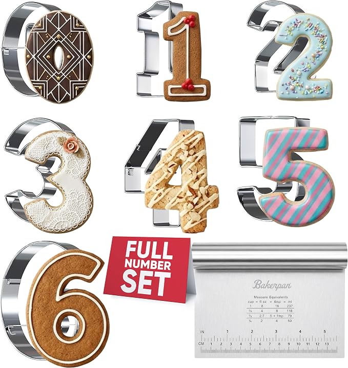 Bakerpan Stainless Steel Big Number Cookie Cutter Set - 9 Large 3.5 Inch Number Cookie Cutters 0-9 (Reversible 6/9) for Cookies, Biscuits, Fondant, Birthdays & Cake Decorating + Bonus Dough Cutter
