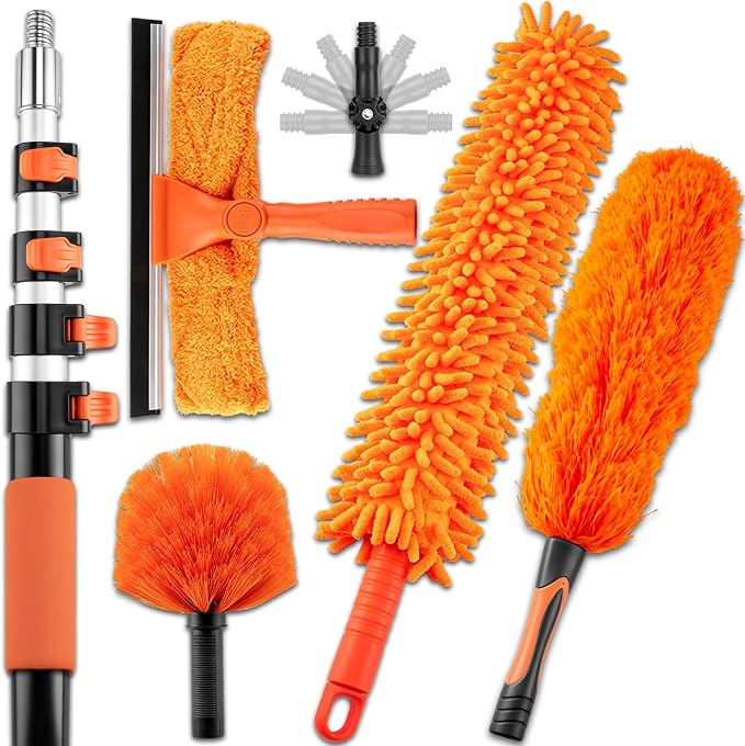 26FT High Ceiling Duster with Extension Pole,High Reach Duster Cleaning Kit | Ceiling Fan Cleaner Duster, Cobweb Dusters & Window Cleaning Squeegee Kit for Fan Blades, Furniture, Corner, Long Dusters