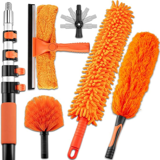 26FT High Ceiling Duster with Extension Pole,High Reach Duster Cleaning Kit | Ceiling Fan Cleaner Duster, Cobweb Dusters & Window Cleaning Squeegee Kit for Fan Blades, Furniture, Corner, Long Dusters