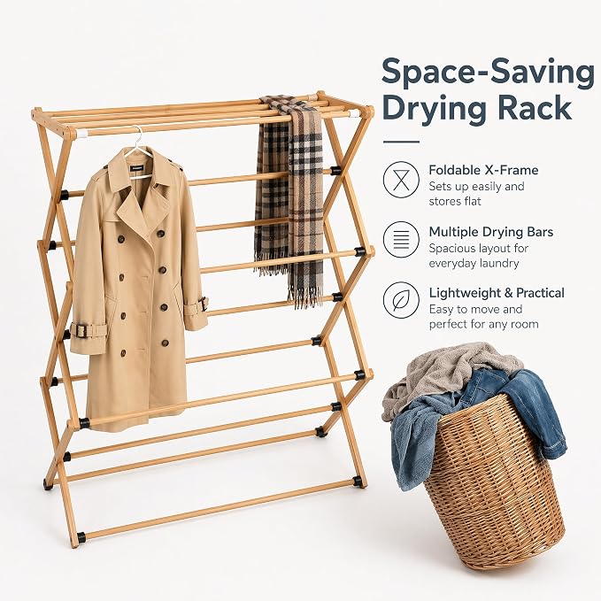 Foldable&Dismountable 3-Tier Bamboo Clothes Drying Rack, Multi-Tier Collapsible Laundry Hanger, Space Saving Garment Stand for Indoor Outdoor Balcony Bathroom. (Original, 28" D X 15" W X 39.3" H)