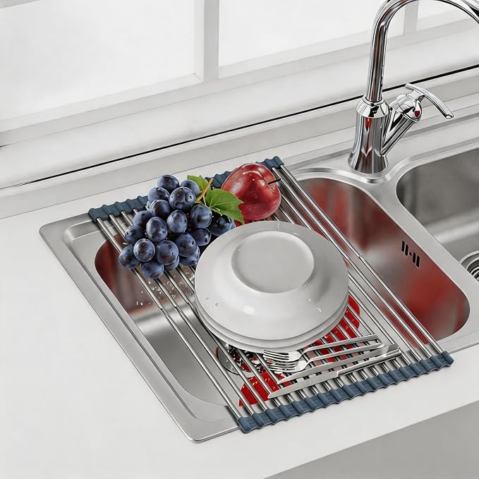 CHIRISEN Expandable Large Roll Up Dish Drying Rack, Foldable Over The Sink Dish Drying Rack, Rolling Dish Drainer Stainless Steel Roll Rack for Kitchen Sink Counter (Gray, 21.25x12.79in)
