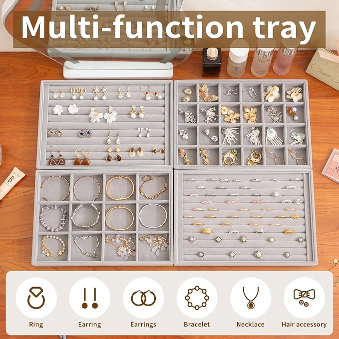Frebeauty Jewelry Trays for Drawer,Set of 4 Jewelry Organizer and Storage | Velvet Material,Stackable,Adjustable Dividers,Drawer Inserts for Rings Studs Bracelet,Earring Organizer for Women Girls