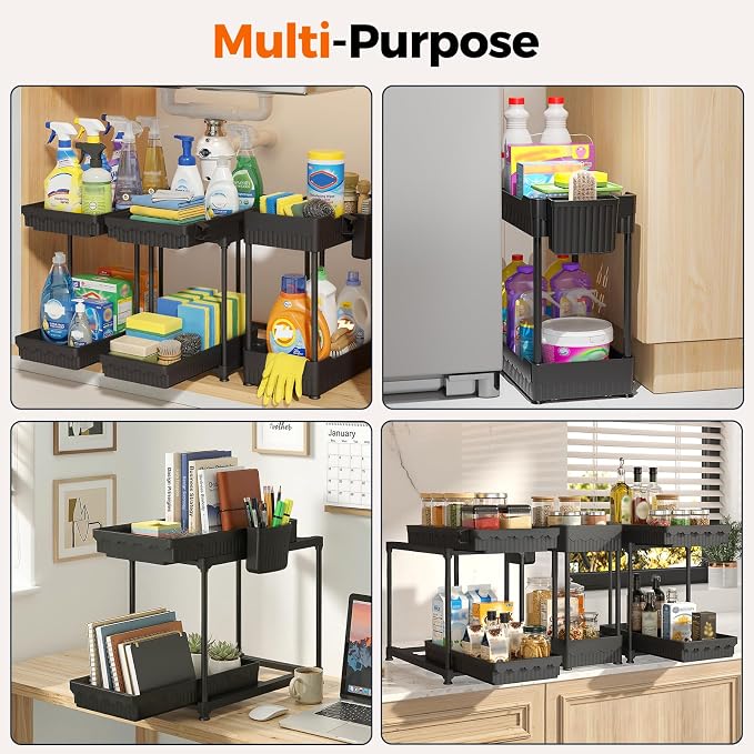 Sevenblue 3-Pack 2-Tier Under Sink Organizers with Sliding Drawers | Multi-use kitchen & bathroom storage, 12.8 inch 2-Tier Sliding cabinet organizer, space-saving sliding drawer design.