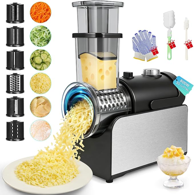6-IN-1 Electric Cheese Grater Stainless Steel 800W, [3S Efficient Cutting], Heavy Duty Electric Cheese Grater for Block Cheese, Parmesan, Vegetable, Ice Shave（Silver）