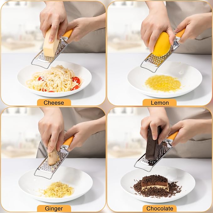 Rainspire Professional Cheese Graters for Kitchen Stainless Steel Handheld, Metal Lemon Zester Grater With Handle For Cheese, Chocolate, Spices, Kitchen Gadgets Tools, Soft Grip Handle (Orange)
