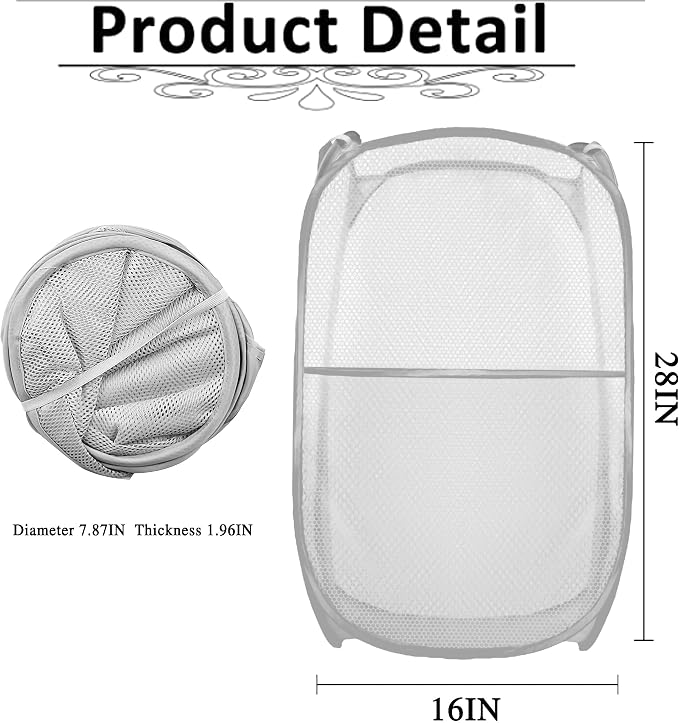 Collapsible Pop Up Laundry Hamper, Extra Large Mesh Foldable Laundry Basket, 28" x 16" x 16" (Grey)