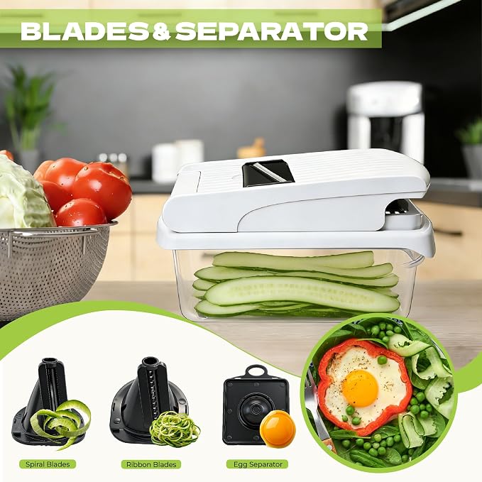 Veggie Chopper, Onion Dicer, Spiralizer & Storage Box | One press, easy cutting. 17 blades & tools includes cut-resistant glove. Perfect for salads, fries & meal prep.