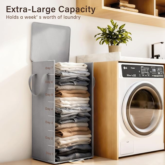 Criusia Laundry Hamper with Lid and Foot Pedal, 100L Fabric Laundry Basket with Removable Mesh Bag, Slim Foldable Design for Bathroom and Laundry Room (Gery)