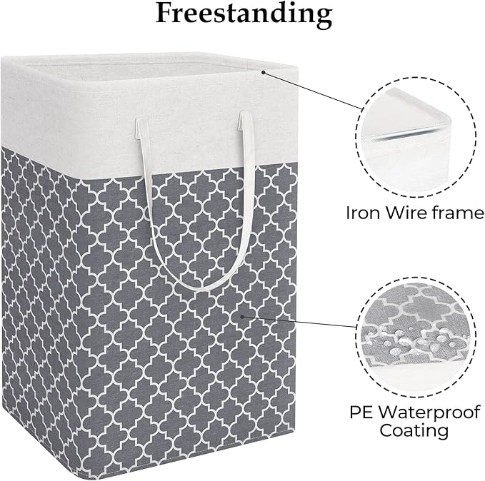 StorageRight Laundry Basket Hamper, 75L Clothes Storage, Clover Grey | Freestanding Clothes Hampers, Foldable design, with Easy Carry Handles, For Laundry, Bedroom, Dorm, Clothing, Towels, Toys