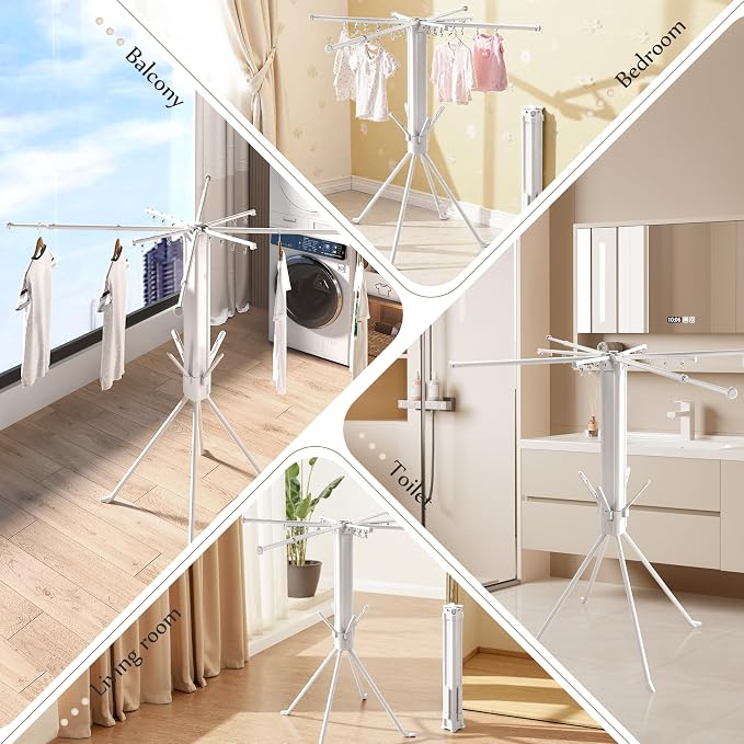 Multi-Functional 4-Leg Clothes Drying Rack, Large Capacity Foldable & Collapsible Laundry Rack, Portable Indoor Outdoor Drying Rack with Sock Clips & 4 Shoe Holders, Space Saving Stand