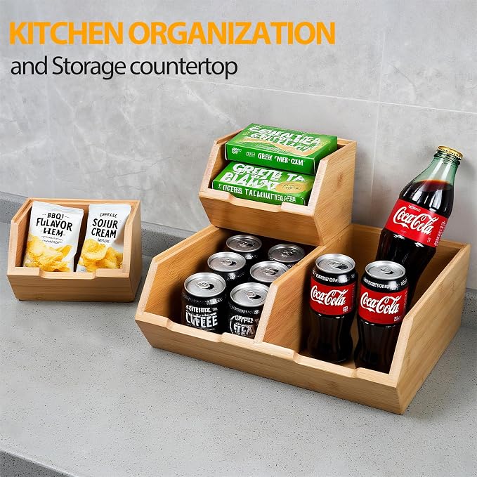 3 Pack Stackable Bamboo Pantry Storage Bins,Potato Onion Storage Bins | Fruit Food Storage Organizer ﻿ - Pantry Organizers for Kitchen Countertop, Food Storage Containers for Fruits Vegetables