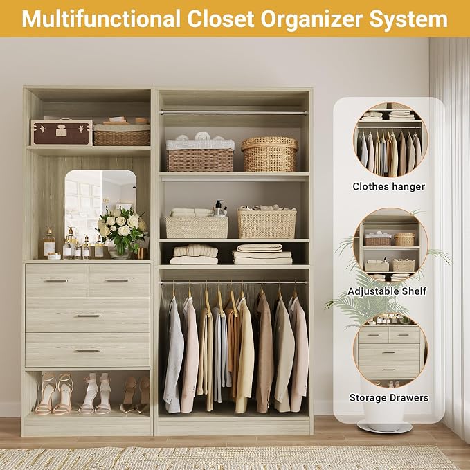 Unikito 61" Closet System, Heavy Duty Wood Closet Organizer with 2 Hanging Rods, Walk-in Wardrobe Garment Rack with Adjustable Shelves, Free-standing Clothing Rack, White Oak
