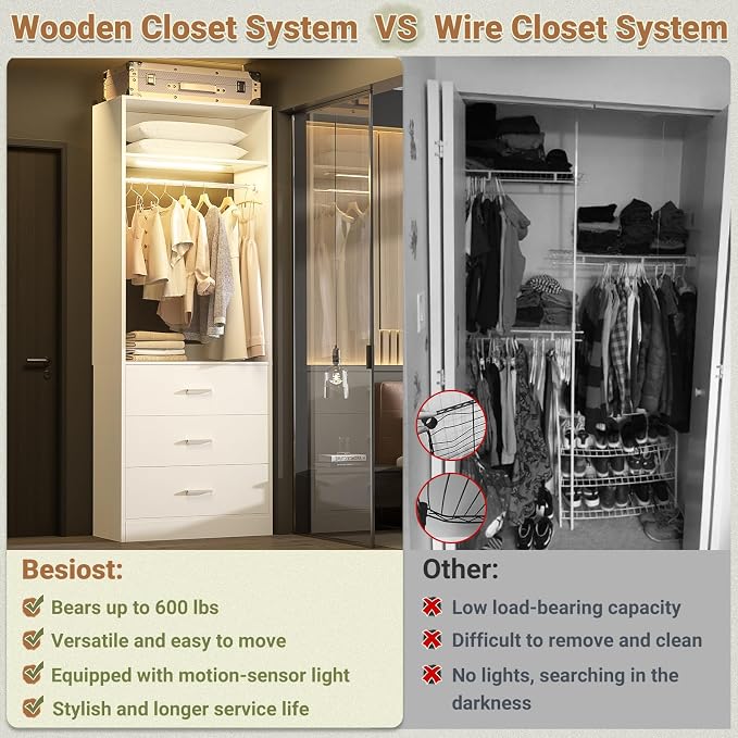 Besiost 8FT Closet System with 4 Motion Sensor LED Lights, 96" Closet Systems with 12 Drawers, Closet Organizer System with 4 Hanging Rods & 4 Shelves, Heavy Duty 96 Inch Walk-in Closet, White