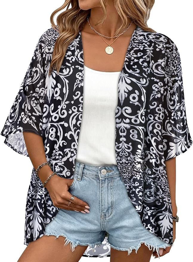 Women Kimono Cardigans Summer Cover Up Hawaiian Shirts Floral Print Tops | ROSEMIA chiffon kimono open front cardigans, beach cover ups, daily casual tops, cruise outfits, summer resort wear