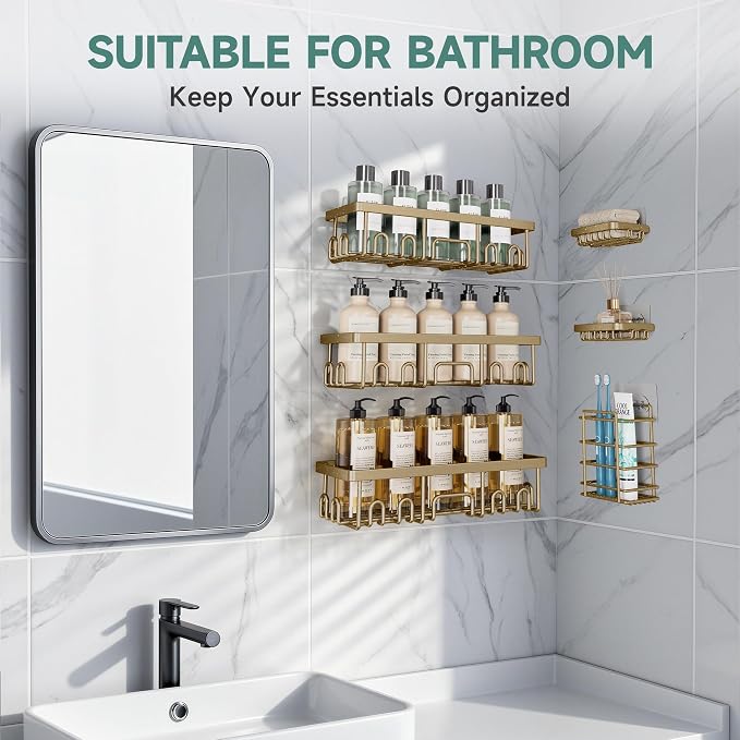 Veken Shower Caddy 6-Pack, No Drilling & Rustproof, Waterproof Adhesive Shelves Rack with Soap Holder, Large Capacity Bathroom Organizers and Storage, Wall-Mounted Kitchen & Home Decor, Matte Gold