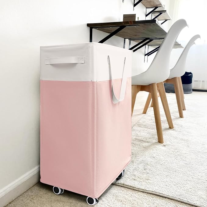 Goodpick Laundry Basket with Wheels, 75L Tall Clothes Hamper, Large Laundry Basket with Removable Wash Bag for Corner Dorm, Rolling Hamper, Pink&White | Laundry Hamper with Wheels, Collapsible Laundry Basket, Rolling Laundry Hamper with Handle for Coll...