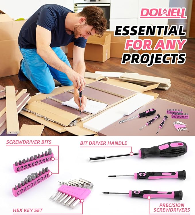 DOWELL 140PCS Pink Tool Kit for Women - Household Essential Tool Set with 14” Storage Bag