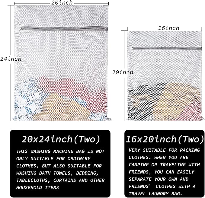 Extra Large Honeycomb Mesh Laundry Bag125gsm Net Fabric Durable and Reusable Delicate Wash Bag,Travel Organization Bag for Lingerie,Clothes,Jeans,Bath Towel,Sock (Set of 4(2L+2XL))