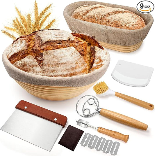 Sourdough Proofing Basket Gift Set, 9" Round and 10" Oval Banneton Bread Baking Supplies, Sourdough Baskets with Bread Lame, Danish Whish, Bowl Scraper, Sourdough Scraper, and Linen Liner