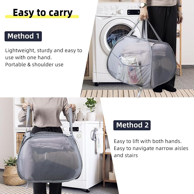 Collapsible Laundry Basket, 90L Mesh Pop-up Hamper with Handles | Foldable Storage Clothes Bag for Laundry, Bathroom, Dorm, Travel, Camping, Space-saving, White