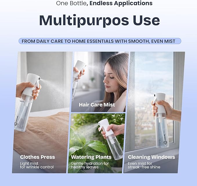 Continuous Spray Bottle for Hair 2 Pack – Fine Mist Water Sprayer 10oz (300ml), Refillable for Hair Styling, Continuous Mist for Plants, Cleaning, Skincare & Petcare, BPA-Free, Leak-Proof, 360° Mist