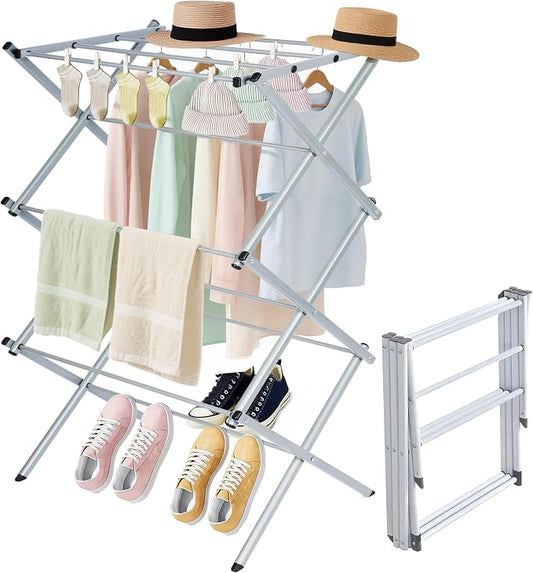 Whitmor Foldable Clothes Drying Rack: 3 Tier Laundry Drying Rack, Collapsible Drying Rack Clothing, Portable Space Saving Clothing Rack for Indoor Outdoor, 22.6" L × 14.6" W × 41.3" H, Gray