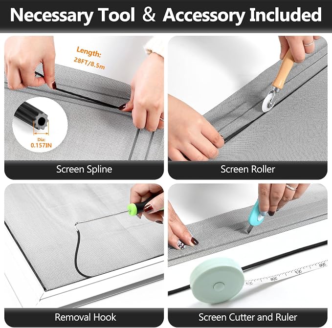 Secopad Window Screen Repair Kit, 48" x 118" Screen Door Mesh Replacement Kit, Durable Fiberglass Roll with Tools for Windows Doors Patio and Porch Replacement, Black