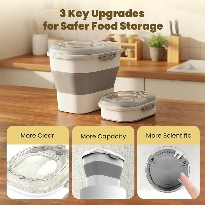 HOYTAMDAR 50Lbs Collapsible Rice Container,Airtight Food Storage container | Clear Lid Rice Storage Container with Double Seal,Wheel,Date Tracker,2pcs Bins&Scoop,Rice Dispenser for Pet Food Rice Flour