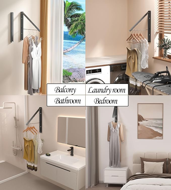 Dr.DJ Clothes Drying Rack, Wall-Mounted Retractable & Foldable Clothes Hanger for Laundry Room Organization and Storage, Metal Clothes Hanger Rack for Dorm, Closet, Balcony(1 Pack, Wood)