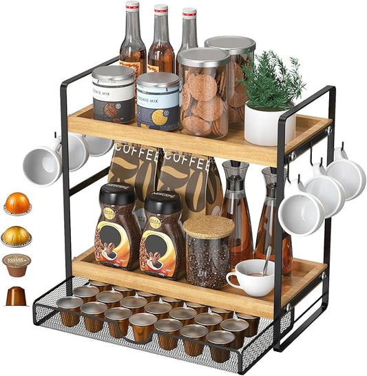 LEMIKKLE Coffee Station Organizer with Pod Holder and Drawer, Kitchen Countertop Organizer, Coffee Bar Accessories Station with Coffee Pod Storage, 2-Tier Wood Coffee Organizer With 6 Hooks