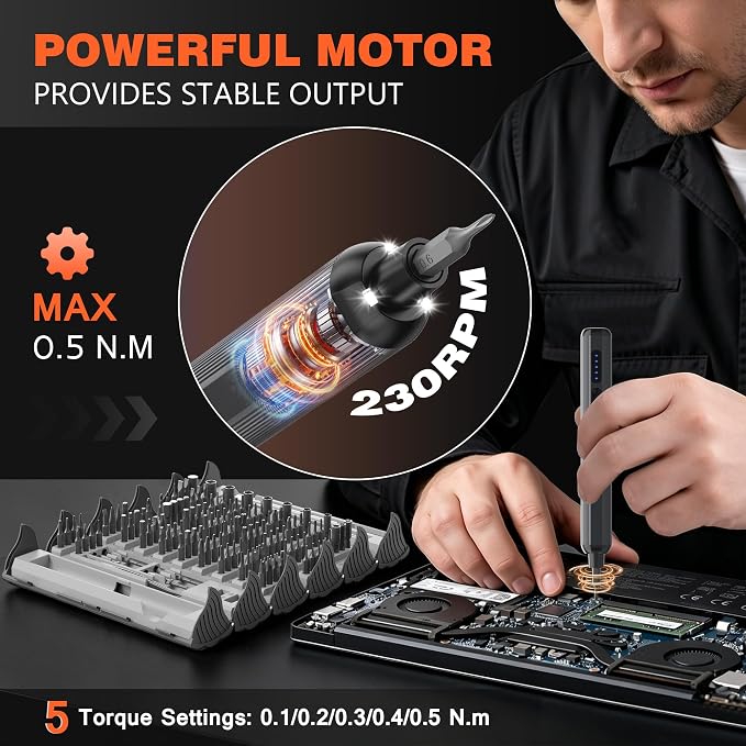 138-IN-1 Electric Screwdriver Set Cordless with 120 Precision Bits, Gray | Rechargeable Screw Driver with LED Light Magnetic Storage Home Repair Tool Kit for Electronics, Camera, Watch, PC RC