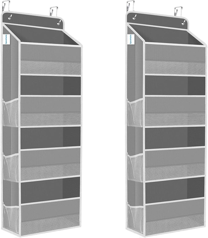 SpaceHacks 2 Pack Over The Door Organizer, Hanging Storage Organizer with Clear Window, 40lb Ultra Sturdy Large Capacity Room Organizer for Pantry Laundry Bathroom Nursery Closet (Grey)