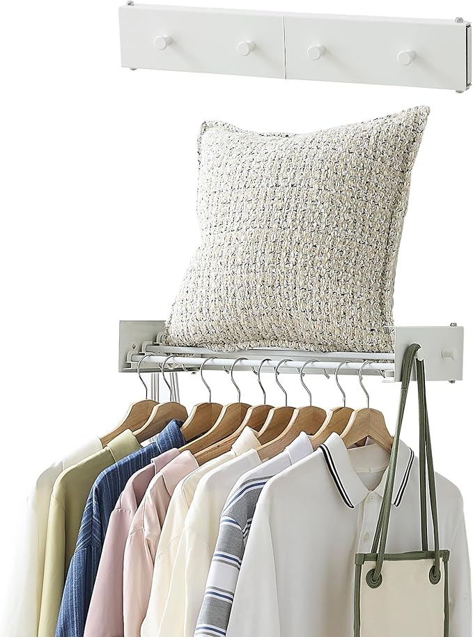 RFOUO Wall Mounted Clothes Drying Rack,White 19.7" with Hooks | Foldable,Space saver Drying Rack for Laundry Balcony Bathroom, 4 Aluminum Rods, 40 lb Capacity