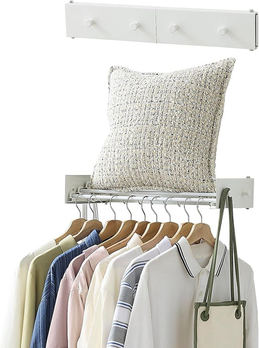 RFOUO Wall Mounted Clothes Drying Rack,White 19.7" with Hooks | Foldable,Space saver Drying Rack for Laundry Balcony Bathroom, 4 Aluminum Rods, 40 lb Capacity