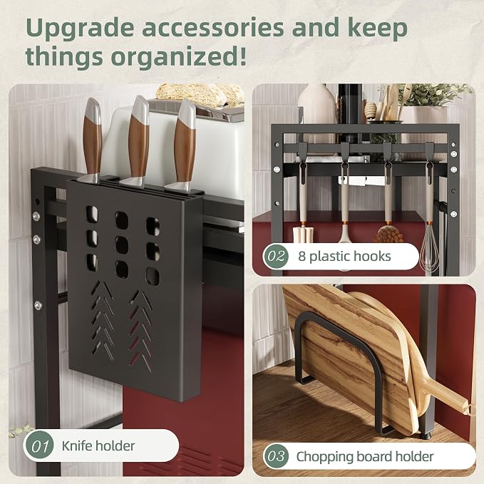 NETEL 3 Tier Expandable Microwave Stand countertop,Microwave Oven Rack | microwave shelf with Cutting Board Holder and Knife Holder, storage shelf for pans &appliances,55 Lbs load Per Tier,Black