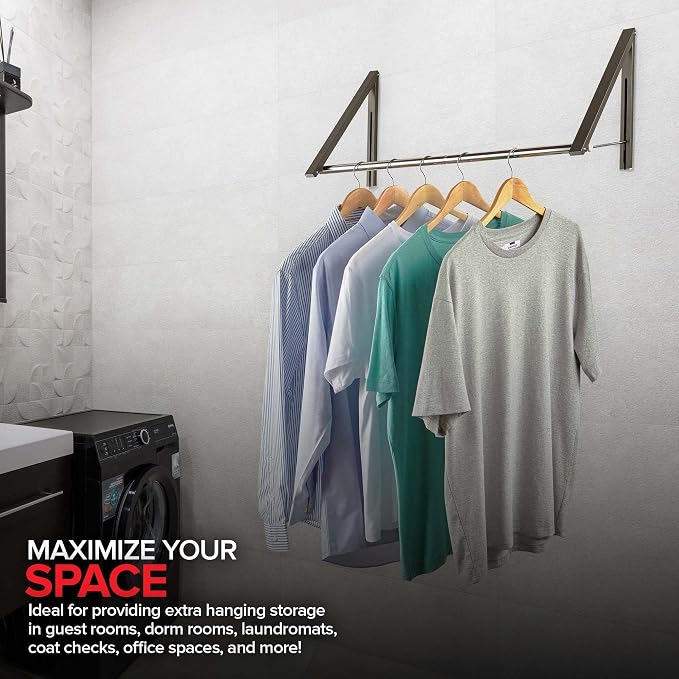 Double Foldable Clothing Rack w/ Extension Rod, Wall-Mounted Retractable Clothes Hanger for Laundry Dryer Room, Hanging Drying Rod, Small Collapsible Folding Garment Racks, Dorm Accessories (Gray)