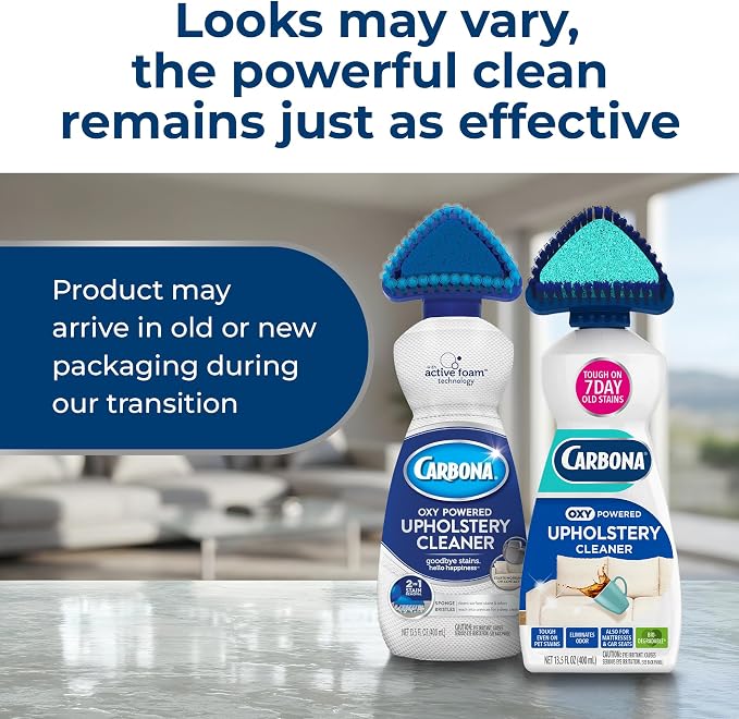 Carbona Oxy Powered Upholstery Cleaner with Brush & Sponge (13.5 Fl Oz), Stain Remover for Couches, Car Seats & Mattresses. Fast Formula, No Residue