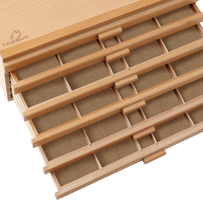 7 Elements 10 Drawer Wooden Artist Storage Supply Box for Pastels, Pencils, Pens, Markers, Brushes and Tools