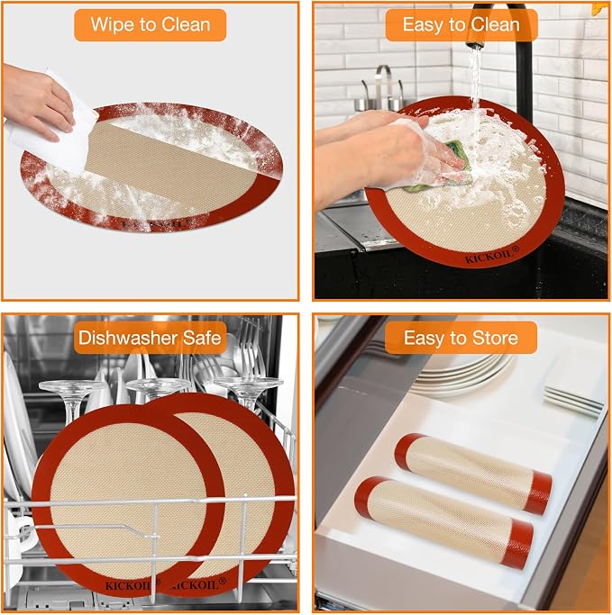 Round Silicone Baking Mats Set of 2,Silicone Mat for 9 Inch Cake Pan Pizza Pan,Non-Stick Reusable Heat Resistant Baking Sheets Liner for Cookies Rolling Pie Tortilla Bread & Pastry, Orange