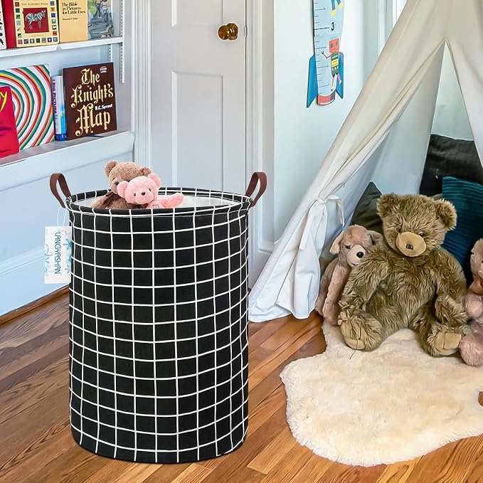 Round Laundry Basket Collapsible Storage Hamper Organizer Black Grid | Waterproof Canvas Foldable Baskets with sturdy Handles Multi-scene Organizer for Home Play Bedroom Gift Bin