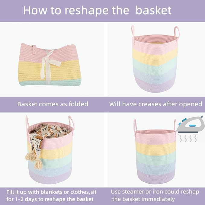 XUANGUO Rope Laundry Basket Hamper for Kids Girl Large, rainbow | Woven Storage Basket for Living Room Bedroom Boho Tall Baskets for Blanket Toys Pillow Towels Baby Nursery Hamper Bin
