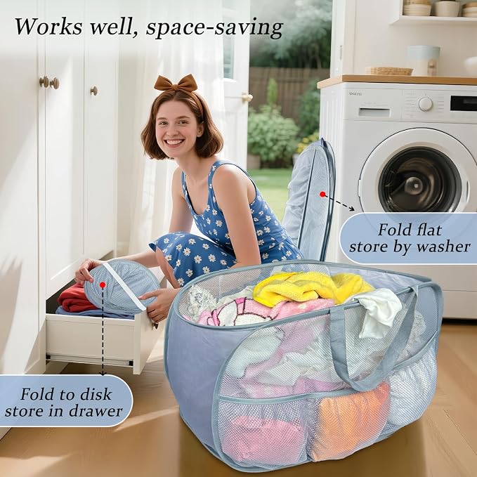 Pop Up Laundry Hamper 2 Pack with Handles & Side Pockets | 76L Foldable Collapsible Mesh Dirty Clothes Bin for Bedroom Dorm RV Camp, Lightweight Breathable, Grey