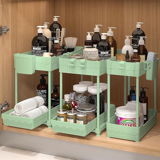 Sevenblue 3-Pack 2-Tier Under Sink Organizers with Sliding Drawers | Multi-use kitchen & bathroom storage, 12.8 inch green cabinet organizer, space-saving sliding drawer design.