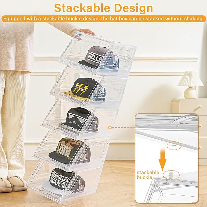 Amllas 2 Pack Stackable Hat Organizer for Baseball Caps, Large Clear Hat Holder with Sliding Drawer, Hat Storage Box with Door, Baseball Cap Organizer