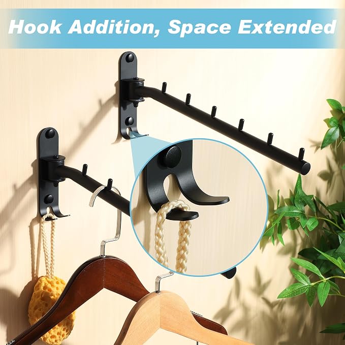 Alise Wall Mounted Drying Rack with Hook,Swivel Clothes Hanger,Black,2 Pcs | Space Saving Wall Rack for Clothes,Heavty Duty Stainless Steel Clothes Wall Drying Rack for Laundry Closet Bedroom/Bathroom