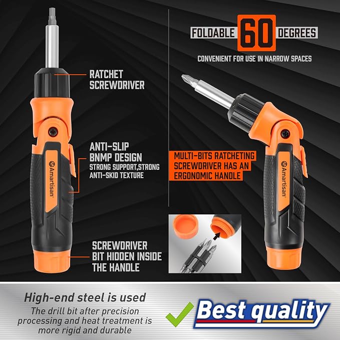 Amartisan 12-in-1 Multi Bit Screwdriver, Ratchet Screwdriver, 60-Degree Adjust Precision Screw Driver, Slotted/Philips/Torx/Square/Hex