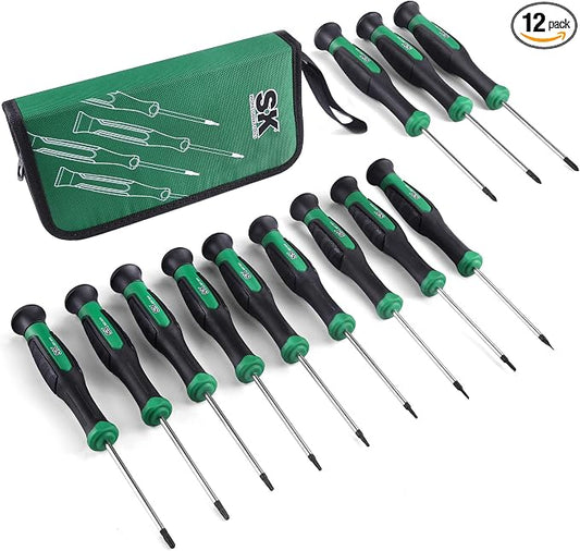 SK 12-Piece Mini Screwdriver Set, Precision Screwdriver Set, Small Kit | Micro Electronics Screwdrivers, Magnetic Slotted/Phillip/Star Tips, Premium Alloy Steel, SureGrip Handle, with Zipper Pouch