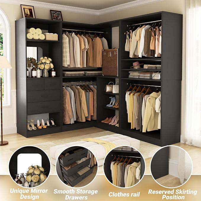 Unikito 97" Large Modular Closet System, 2500LBS Heavy Duty Wood Wardrobe with 4 Hanging Rods, 3-Piece Customizable Walk-in Garment Rack for Bedroom, Black