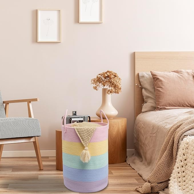 XUANGUO Rope Laundry Basket Hamper for Kids Girl Large, rainbow | Woven Storage Basket for Living Room Bedroom Boho Tall Baskets for Blanket Toys Pillow Towels Baby Nursery Hamper Bin